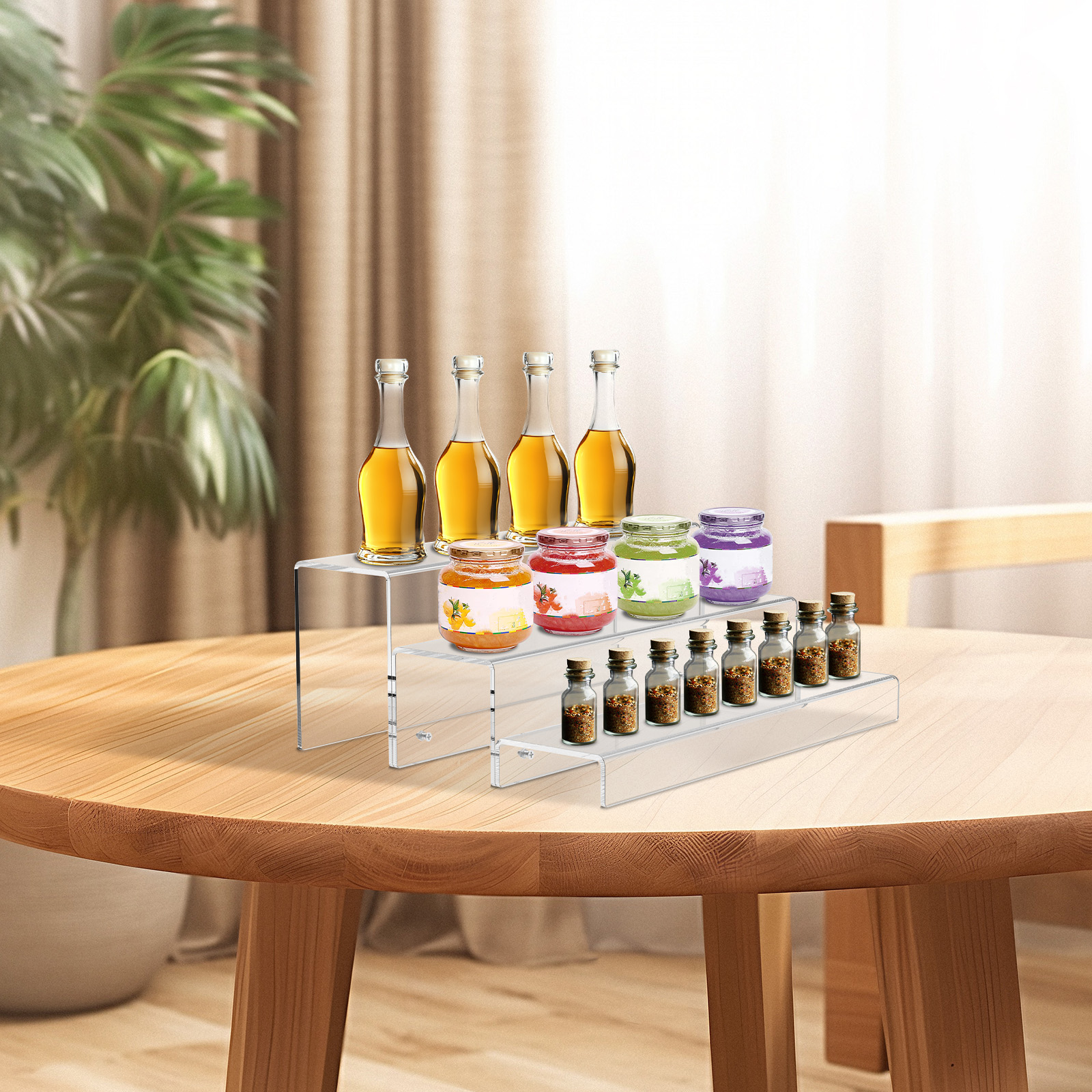 Grusce 3 Tiers Back Bar Bottle Rack Display Clear Acrylic Stand Riser Display Rack Stand for Figures Pop Cupcake